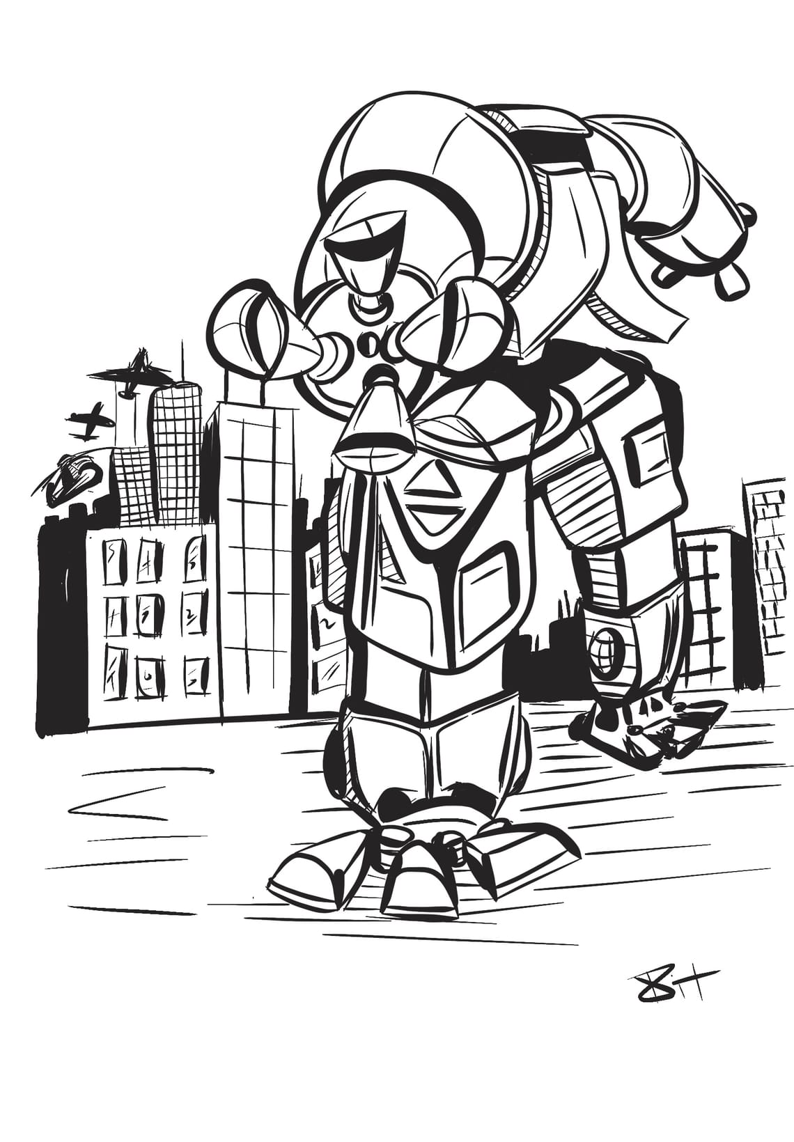 Robot in front of city with helicopters approaching. 